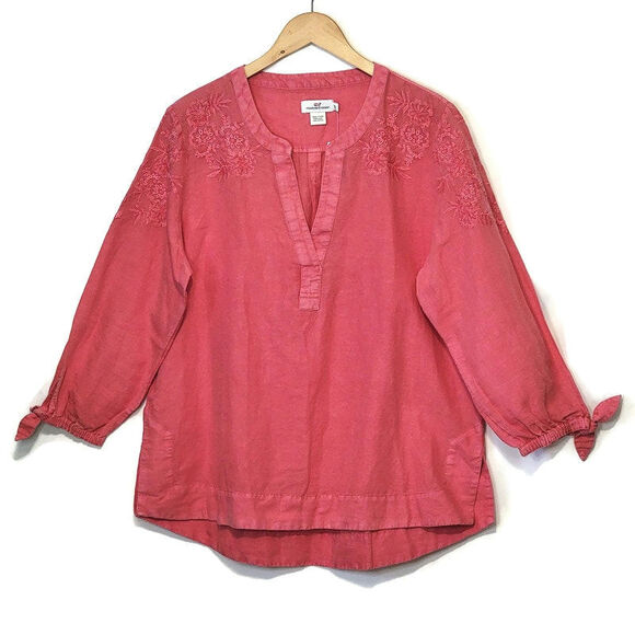 Vineyard Vines Linen Cotton Tunic Top Embroidered Mandarin Collar "3/4 Sleeve XL - Picture 1 of 15